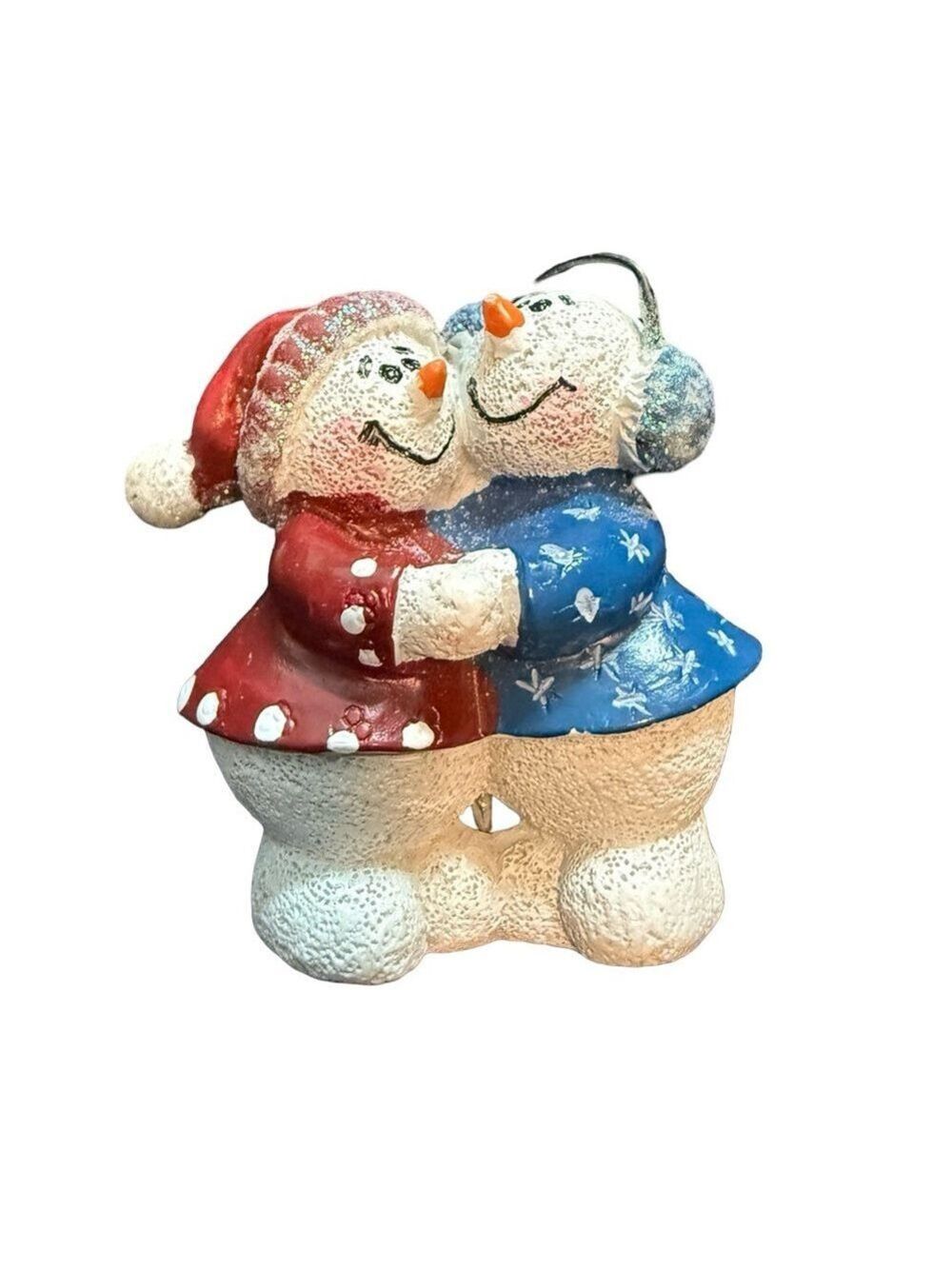 Porcelain Painted Vintage Festive Snowman Couple Figurine Brooch Pin